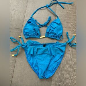 Turquoise Blue Ruffle Bikini by VIX Triangle Medium Halter String Bottom Small